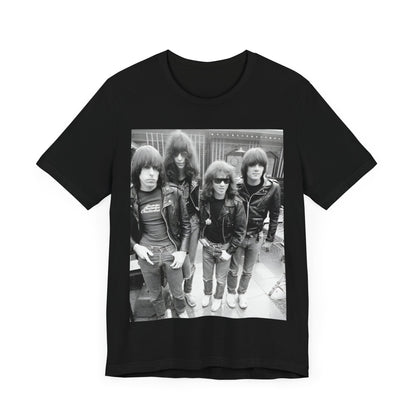 A black graphic t-shirt featuring a retro graphic related to Ramones' 'I Wanna Be Sedated' song or era.
