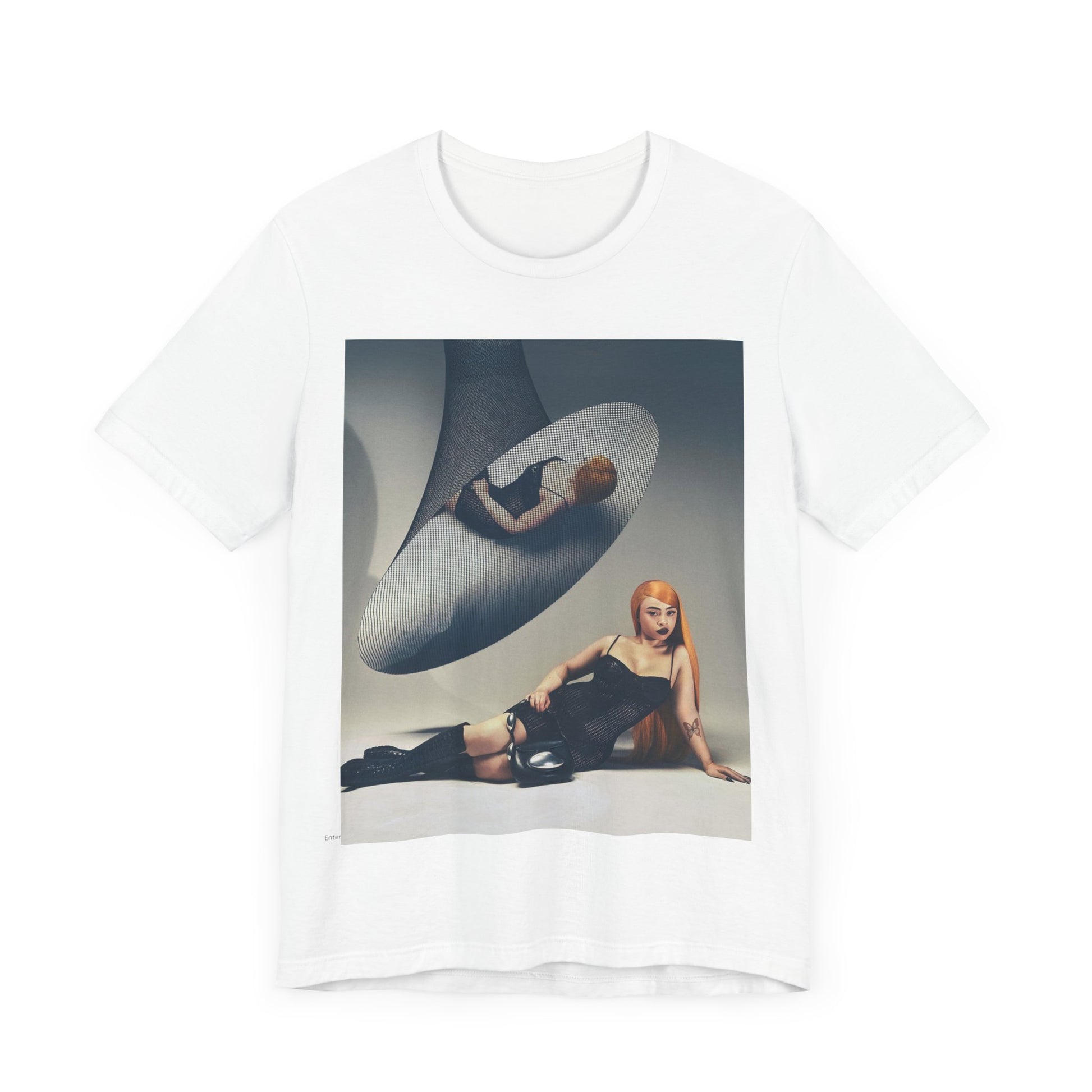 A black graphic t-shirt featuring a laid-back graphic of Ice Spice as a viral rap star.