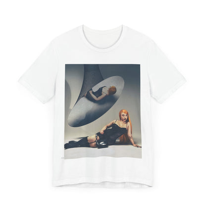 A black graphic t-shirt featuring a laid-back graphic of Ice Spice as a viral rap star.