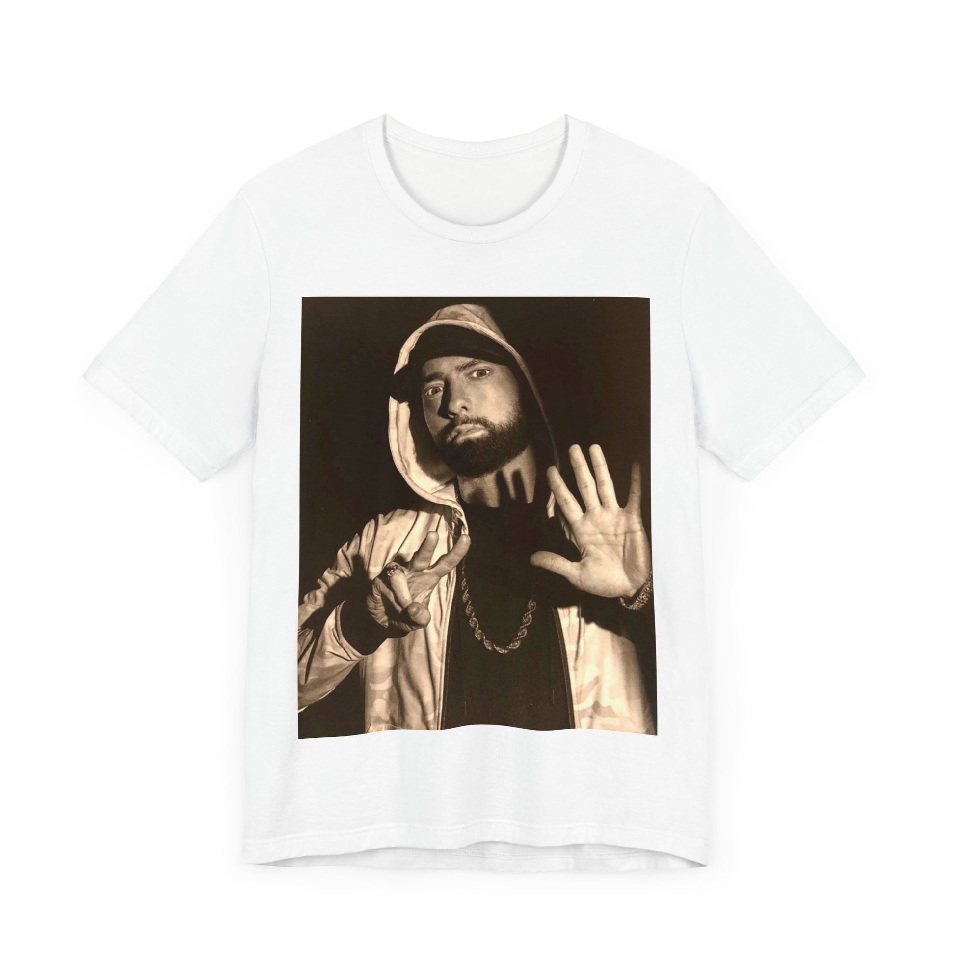 A black graphic t-shirt featuring a graphic of Eminem as an authentic underground rap icon.