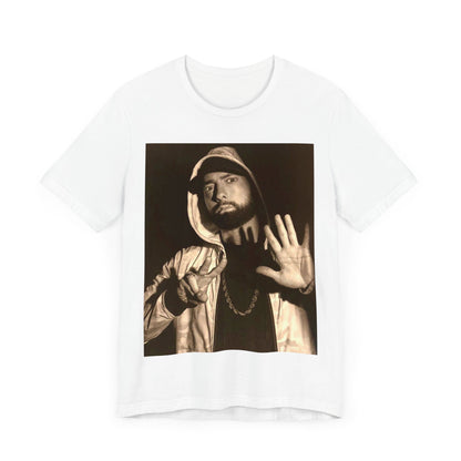 A black graphic t-shirt featuring a graphic of Eminem as an authentic underground rap icon.