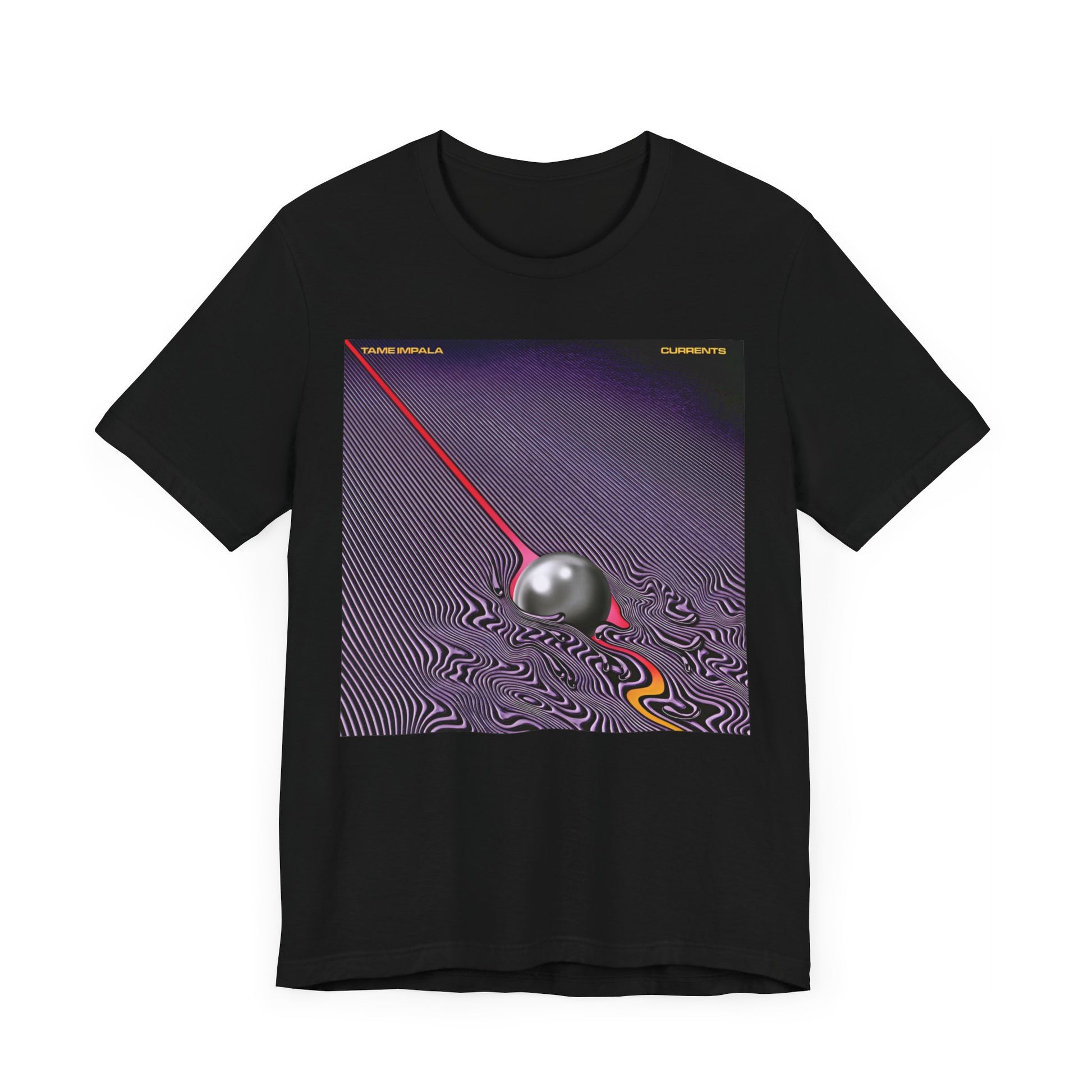 A black graphic t-shirt featuring a graphic related to Tame Impala's 'Currents' album.