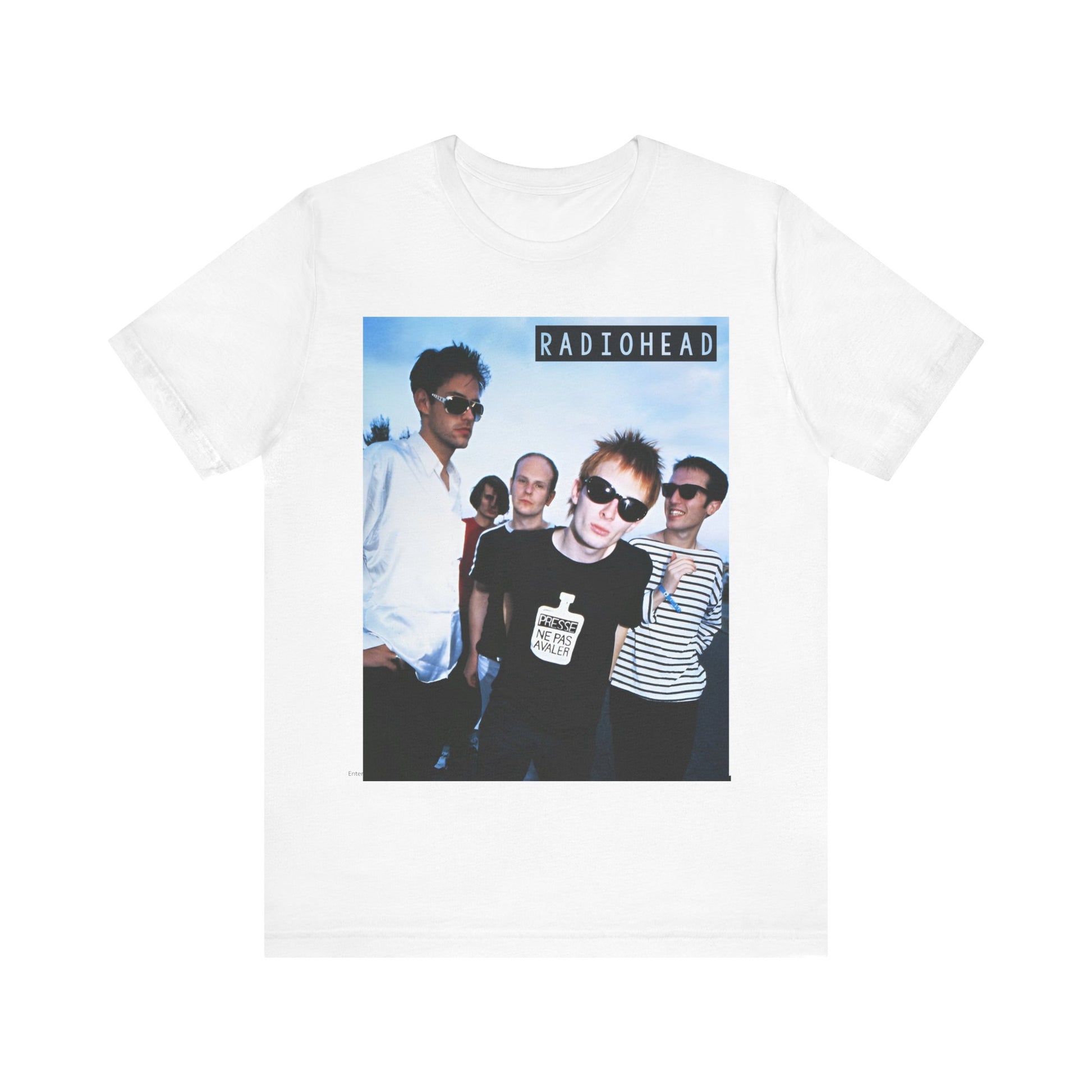 A black graphic t-shirt featuring a vintage alt rock graphic of Radiohead.