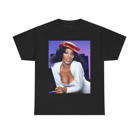 A black graphic t-shirt featuring a retro graphic related to Donna Summer's 'Bad Girls' album era.