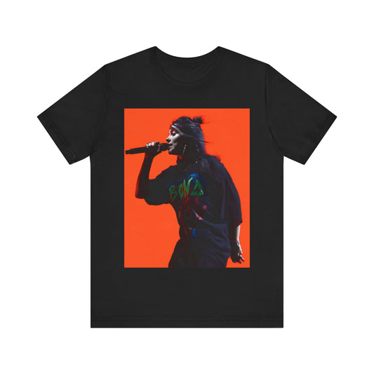 The official 'Blohsh' stick figure logo of Billie Eilish, printed in a single color on a graphic t-shirt.
