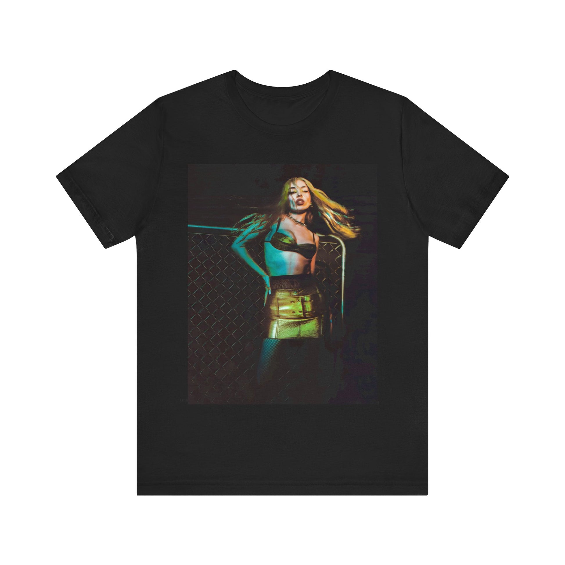 A black graphic t-shirt featuring a neon pop art style graphic of Ava Max, with bright, glowing colors and possibly a 'Pop Queen' title.