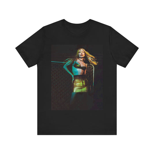 A black graphic t-shirt featuring a neon pop art style graphic of Ava Max, with bright, glowing colors and possibly a 'Pop Queen' title.