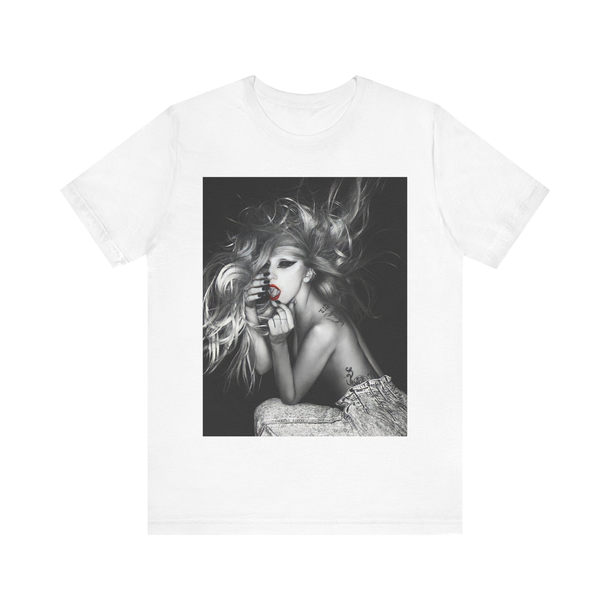 A black graphic t-shirt featuring an iconic graphic related to Lady Gaga's 'Bad Romance' era.