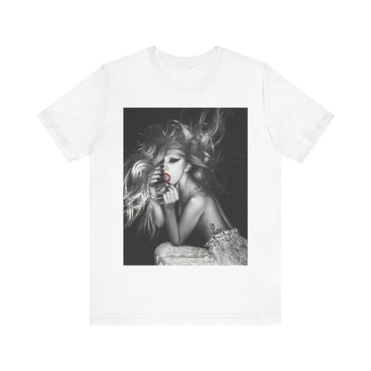 A black graphic t-shirt featuring an iconic graphic related to Lady Gaga's 'Bad Romance' era.