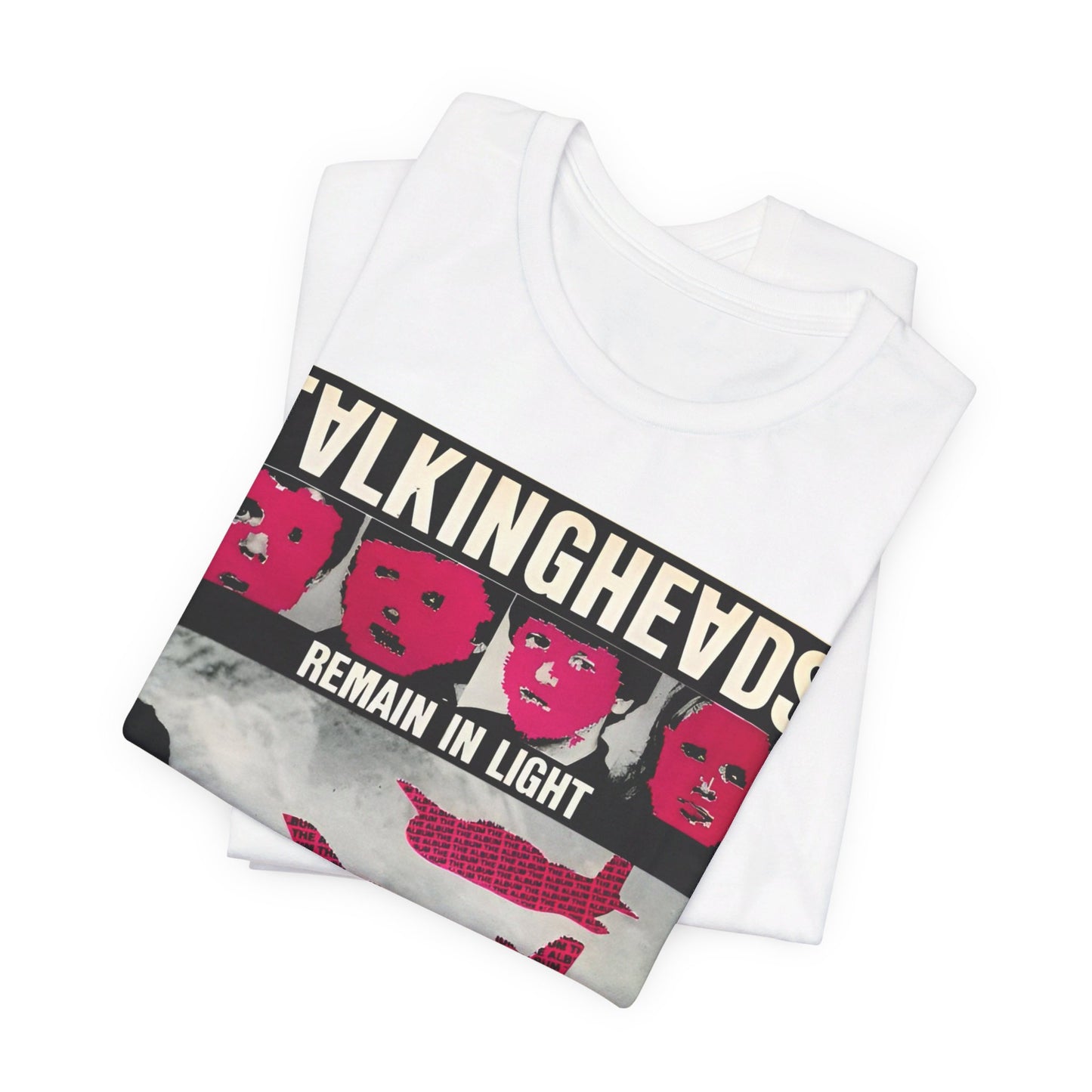 A black graphic t-shirt featuring an 80s art pop aesthetic graphic of Talking Heads.