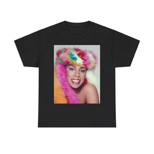 A black graphic t-shirt featuring a 70s disco pop graphic of Donna Summer.