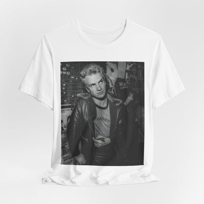 A black graphic t-shirt featuring a vintage black and white monochrome graphic or photo of Sting.