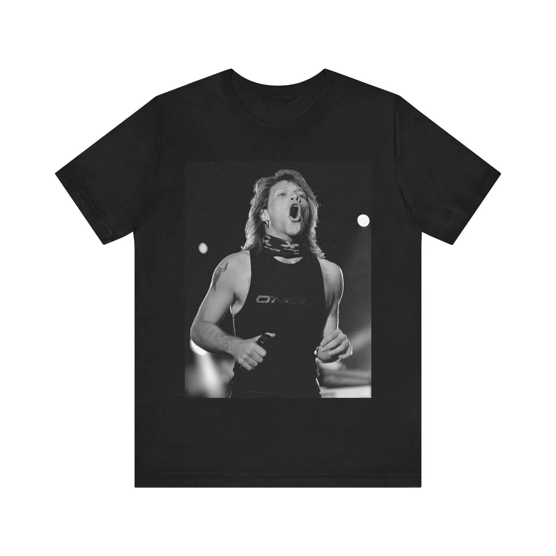 A black graphic t-shirt featuring a black and white iconic graphic or photo of Bon Jovi as superstars.