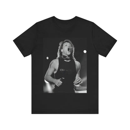A black graphic t-shirt featuring a black and white iconic graphic or photo of Bon Jovi as superstars.