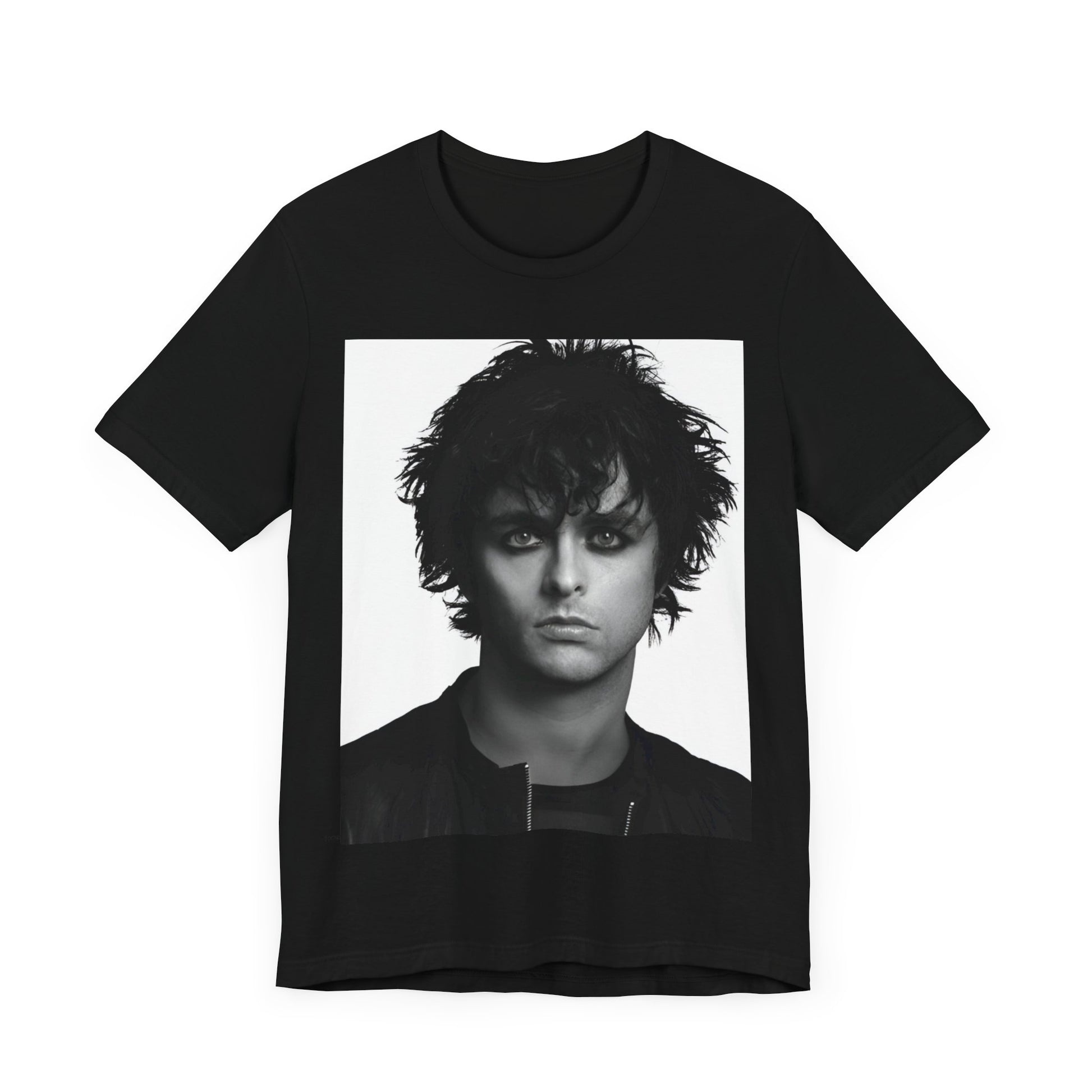A black graphic t-shirt featuring a black and white portrait photo of Billie Joe Armstrong from Green Day.
