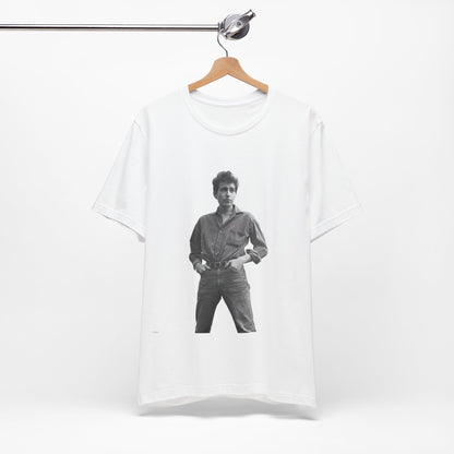 A black graphic t-shirt featuring a vintage 60s folk aesthetic graphic of Bob Dylan.
