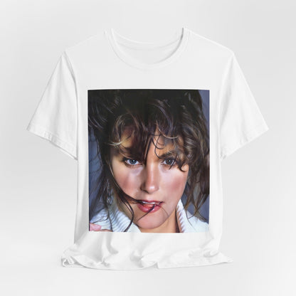 A black graphic t-shirt featuring an 80s style graphic of Laura Branigan.