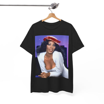 A black graphic t-shirt featuring a retro graphic related to Donna Summer's 'Bad Girls' album era.