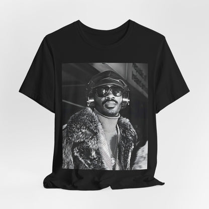 A black graphic t-shirt featuring a 70s black and white graphic of Stevie Wonder as a Motown legend.