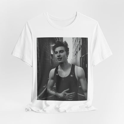 A black graphic t-shirt featuring a vintage black and white portrait graphic or photo of Shawn Mendes.