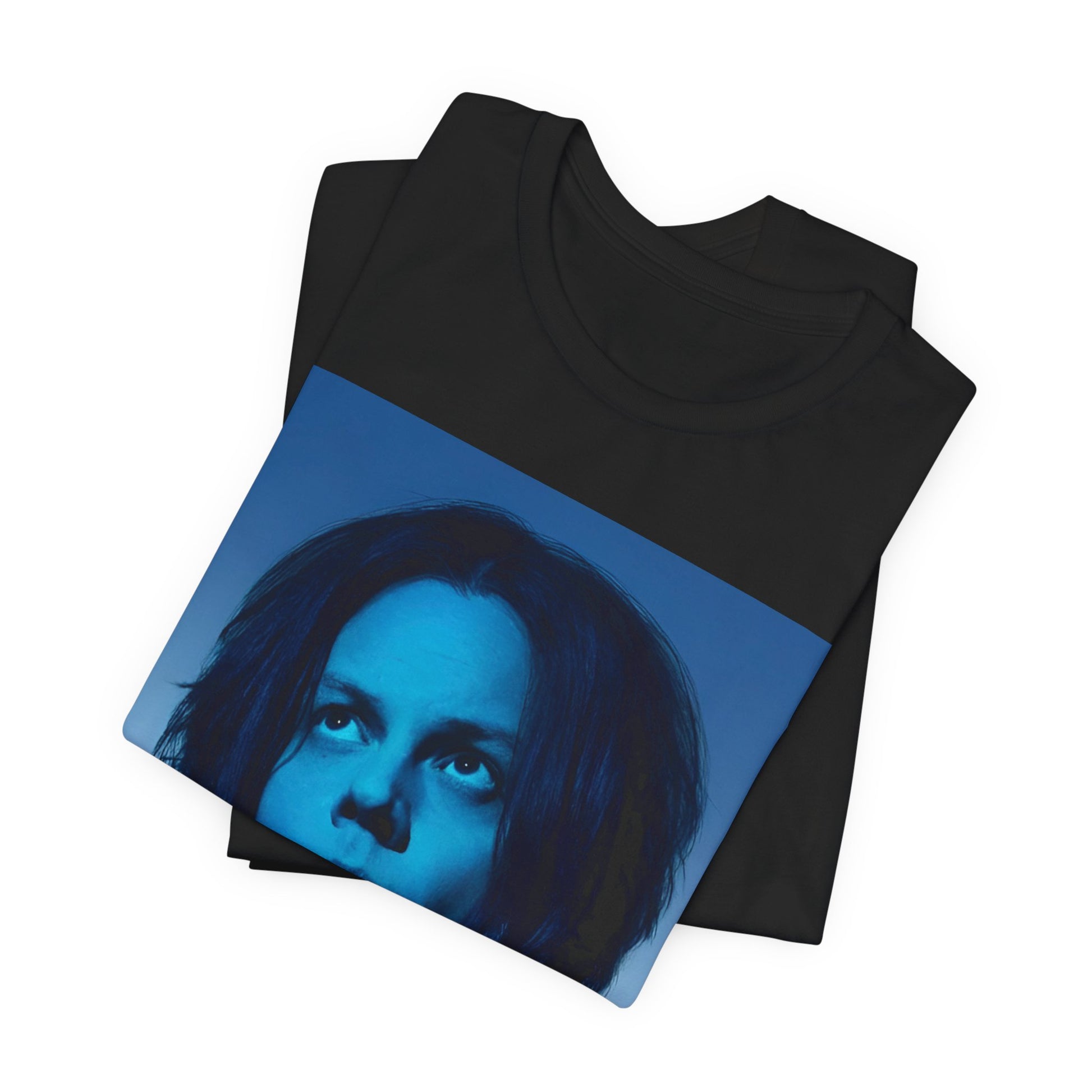 A black graphic t-shirt featuring a portrait photo of Jack White from The White Stripes.