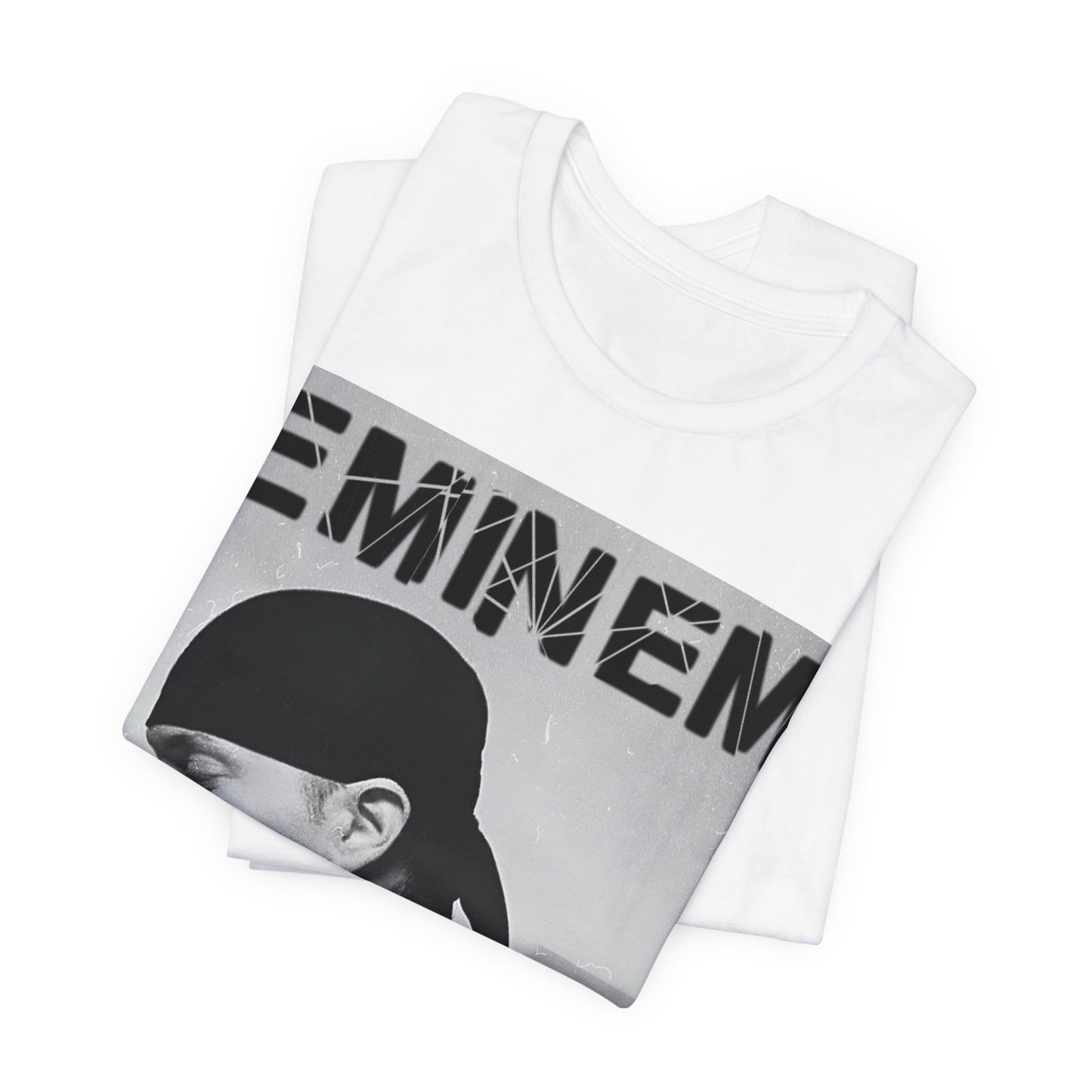 A black graphic t-shirt featuring a stylized graphic of Eminem as a modern rap legend.