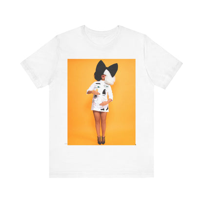 A black graphic t-shirt featuring a graphic of Sia as an art pop visionary.