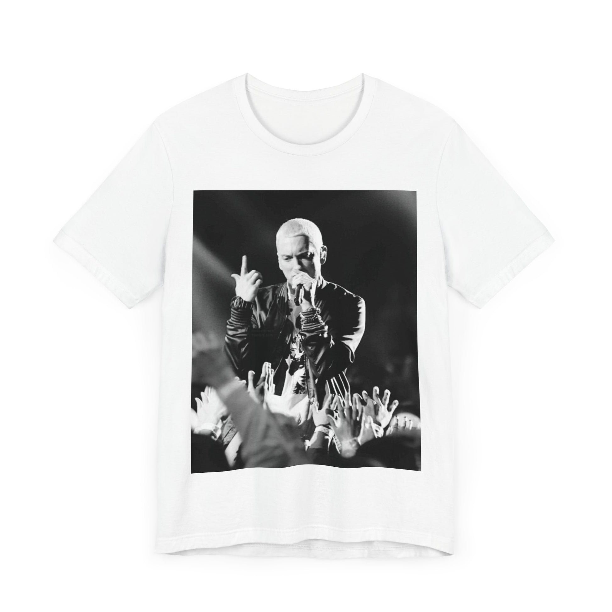 A black graphic t-shirt featuring a graphic or photo of Eminem performing live on stage.