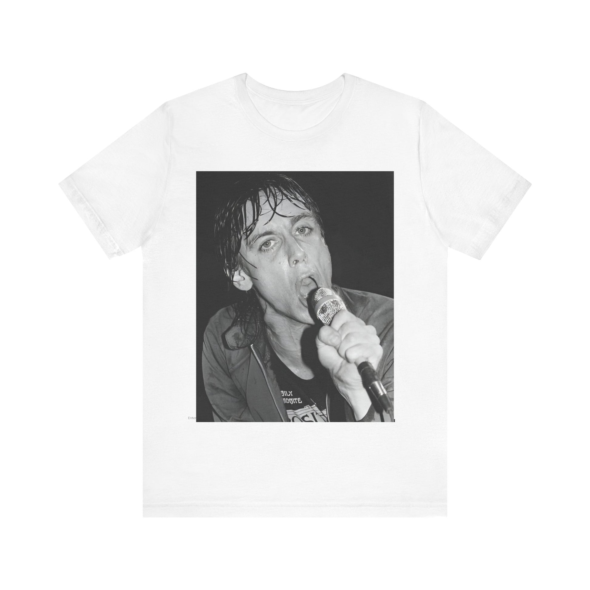 A black graphic t-shirt featuring a 70s graphic or photo of Iggy Pop performing in a wild concert.