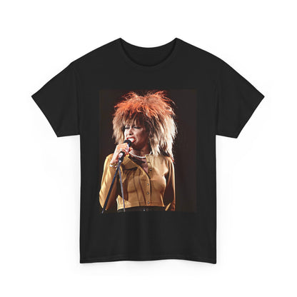 A black graphic t-shirt featuring a graphic of Tina Turner as a legendary rock icon.
