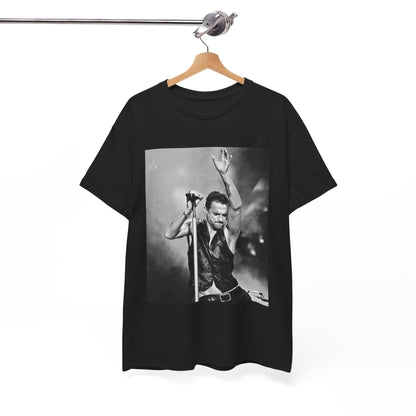 A black graphic t-shirt featuring a graphic or photo of Depeche Mode performing live on stage from the 'Personal Jesus' era.