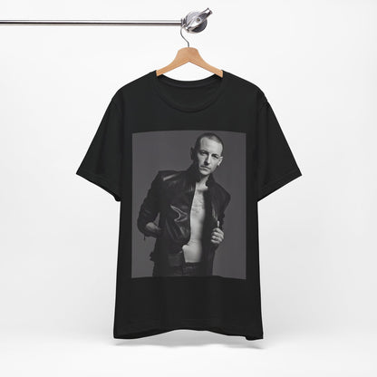 A black graphic t-shirt featuring a graphic of Chester Bennington from Linkin Park as a rock icon.