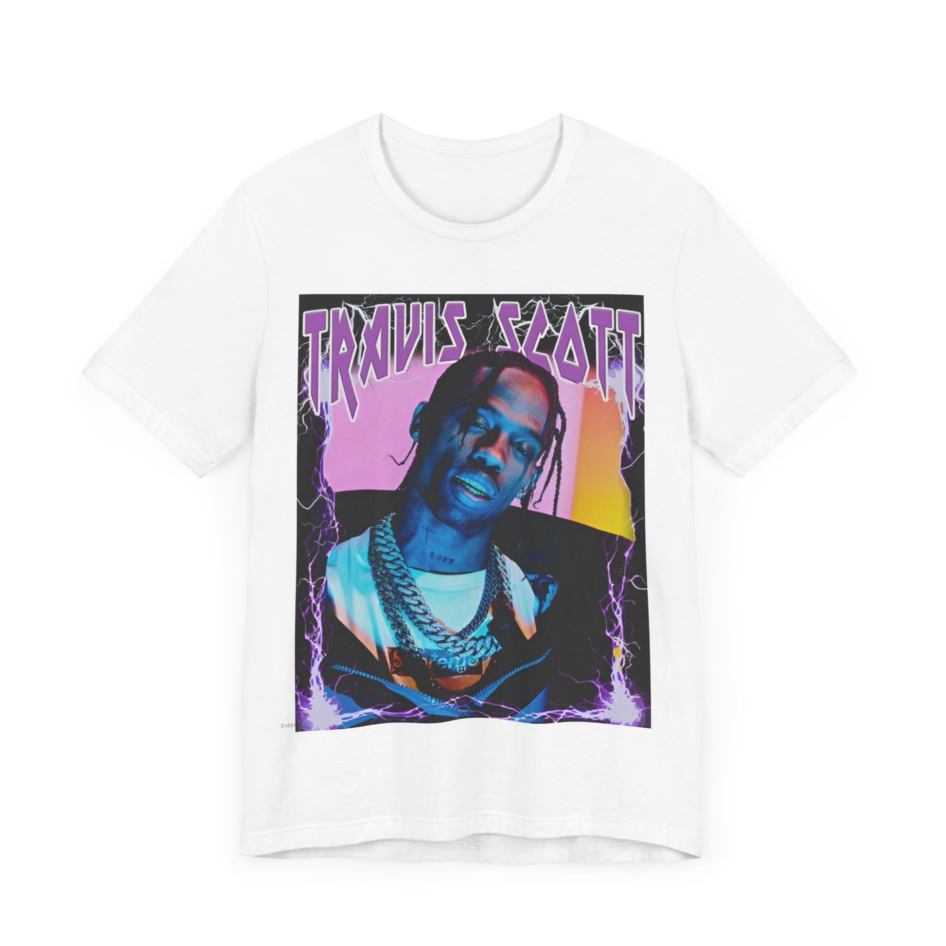 A black graphic t-shirt featuring a retro bootleg graphic of Travis Scott.