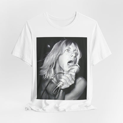 A black graphic t-shirt featuring a graphic of Iggy Pop as the Godfather of Punk, performing live.