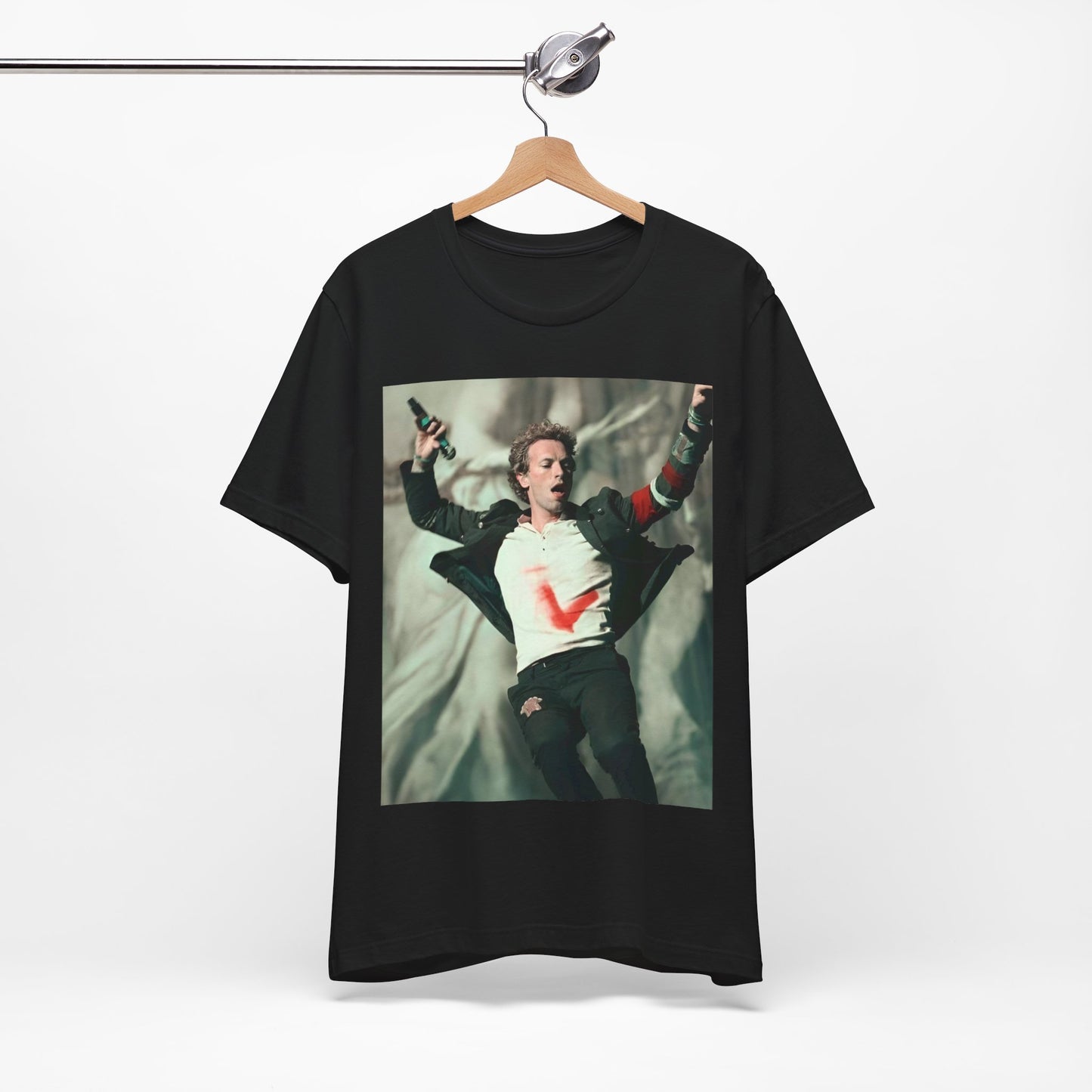 A black graphic t-shirt featuring the album cover art for Coldplay's 'Viva La Vida or Death and All His Friends'.