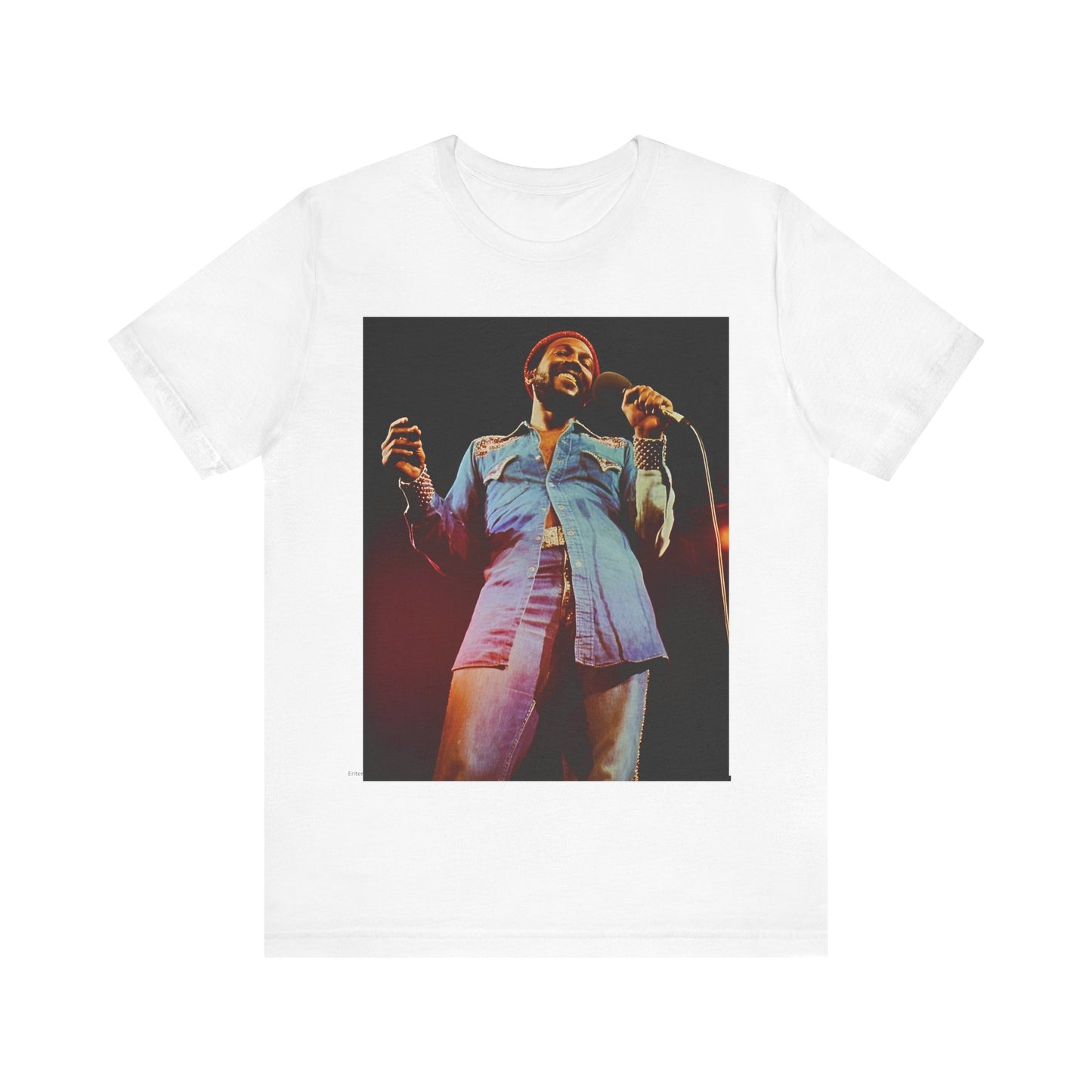 A black graphic t-shirt featuring a graphic of Marvin Gaye with groovy funk vibes.