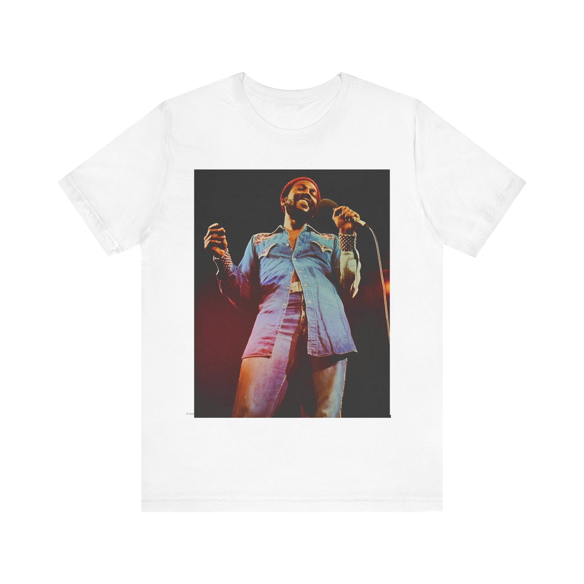 A black graphic t-shirt featuring a graphic of Marvin Gaye with groovy funk vibes.
