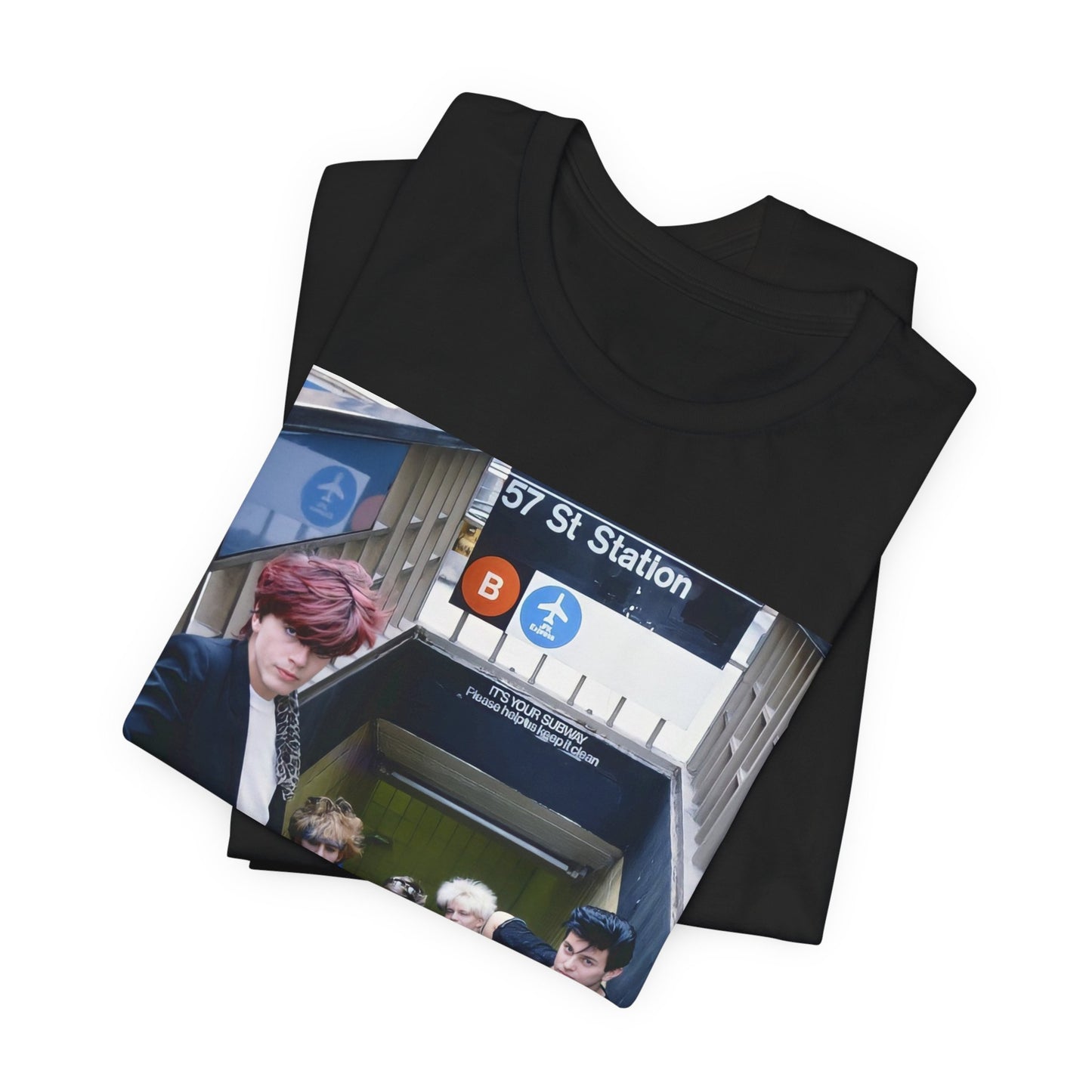 A black graphic t-shirt featuring an 80s photo of Duran Duran in a subway station.