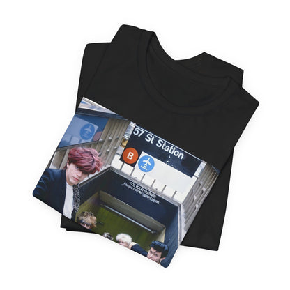 A black graphic t-shirt featuring an 80s photo of Duran Duran in a subway station.