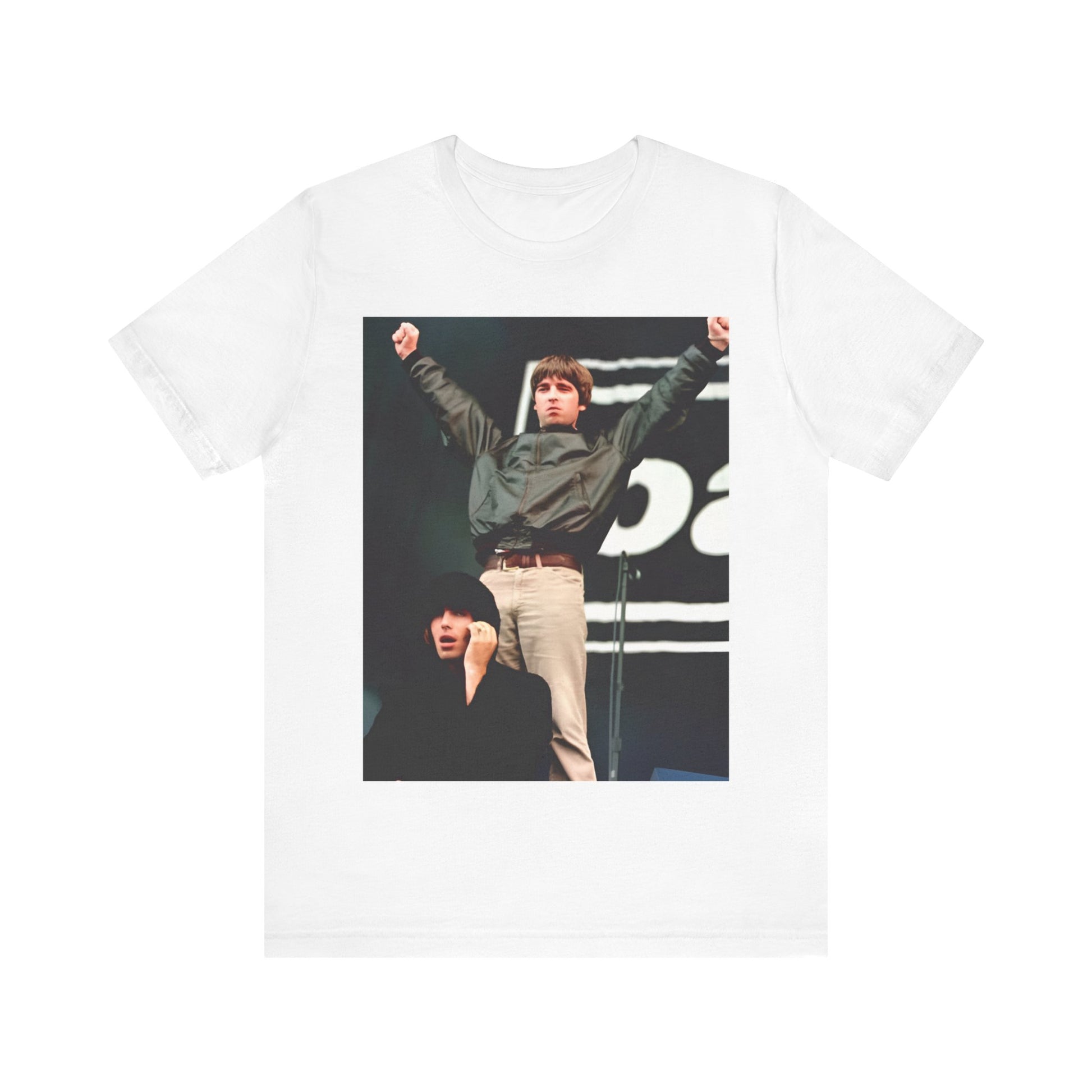 A black graphic t-shirt featuring a graphic or photo of Liam and Noel Gallagher from Oasis performing live on stage.