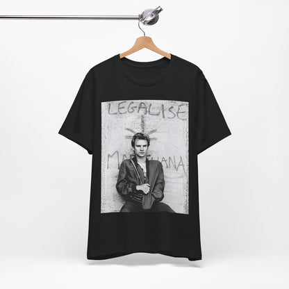 A black graphic t-shirt featuring a graphic of The Police with reggae-influenced pop elements.