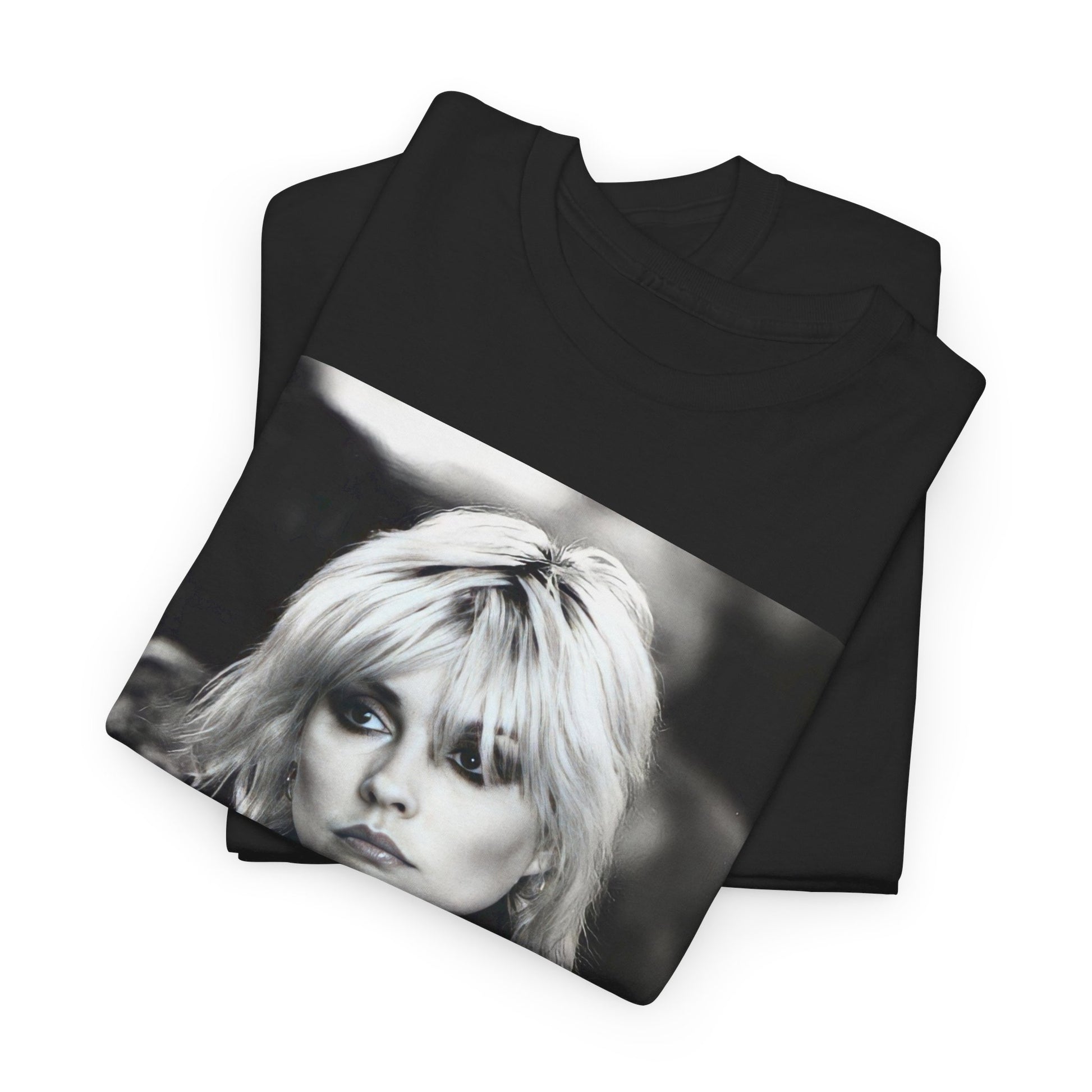 A black graphic t-shirt featuring an iconic black and white graphic or photo of Blondie.