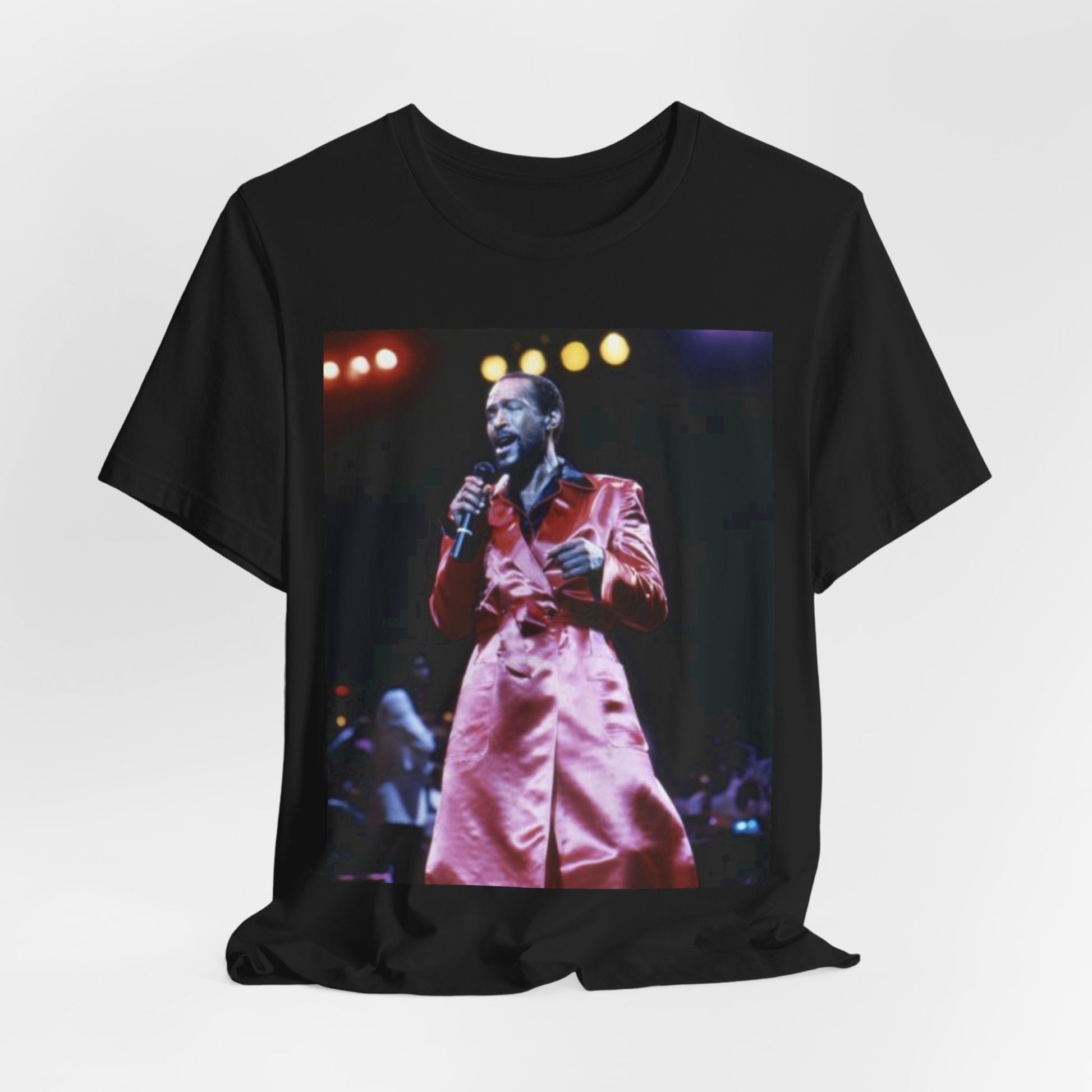 A black graphic t-shirt featuring a vintage graphic or photo of Marvin Gaye performing live.