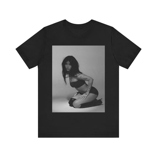 A black graphic t-shirt featuring a black and white, monochrome graphic or photo of Nessa Barrett.