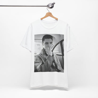 A black graphic t-shirt featuring a classic 50s era graphic of Elvis Presley.