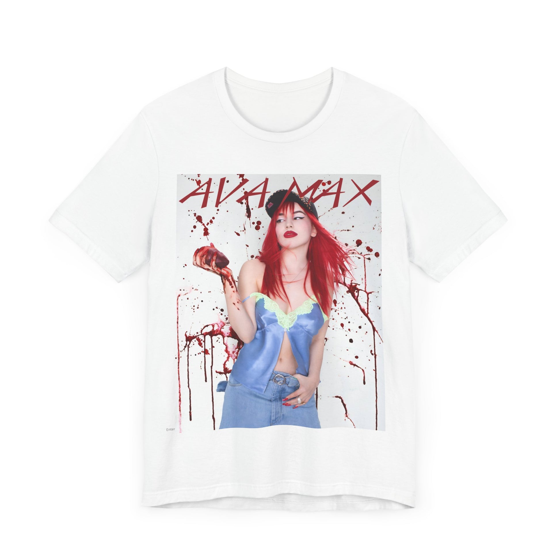 A black graphic t-shirt featuring a bold and vibrant pop art style graphic of Ava Max.