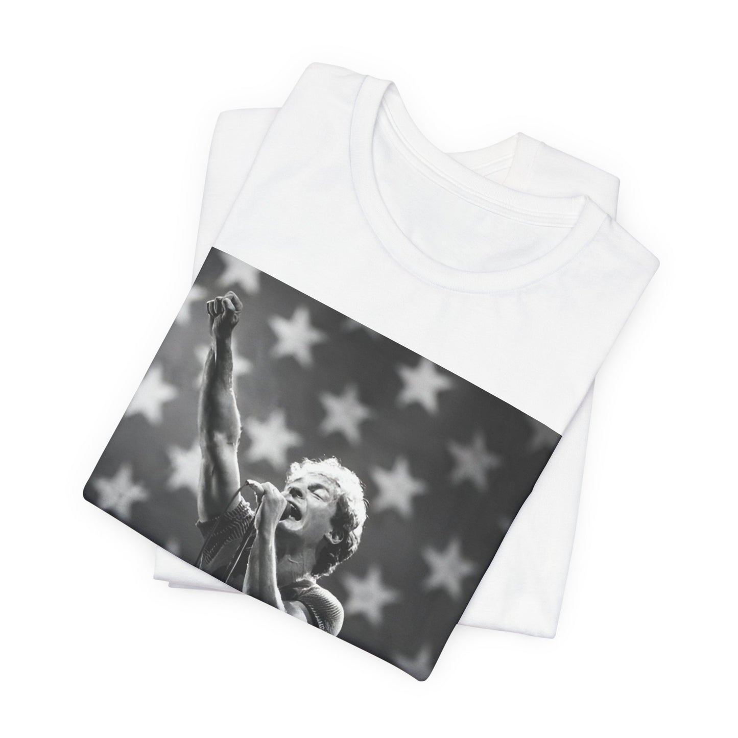 A black graphic t-shirt featuring a 70s era Americana-style graphic of Bruce Springsteen.