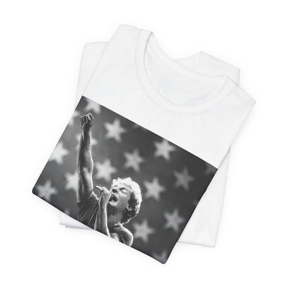 A black graphic t-shirt featuring a 70s era Americana-style graphic of Bruce Springsteen.