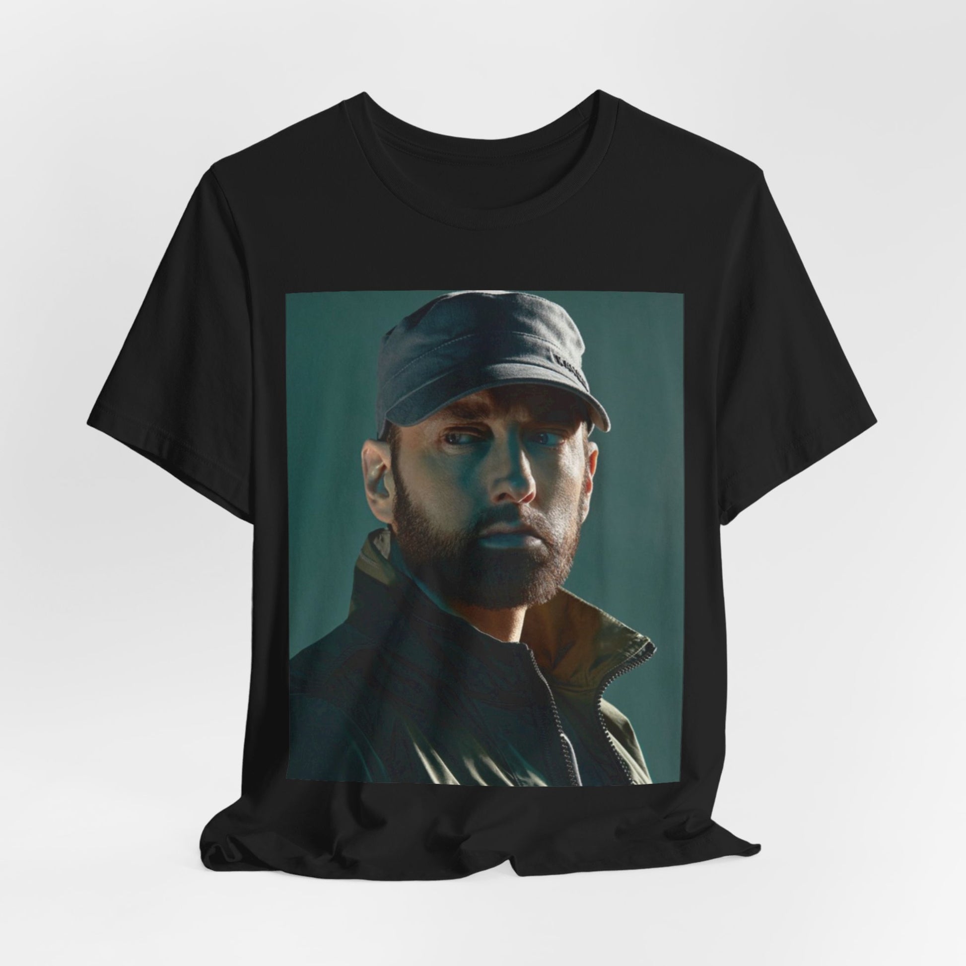 A black graphic t-shirt featuring a graphic of Eminem as a rap genius.