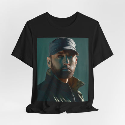 A black graphic t-shirt featuring a graphic of Eminem as a rap genius.